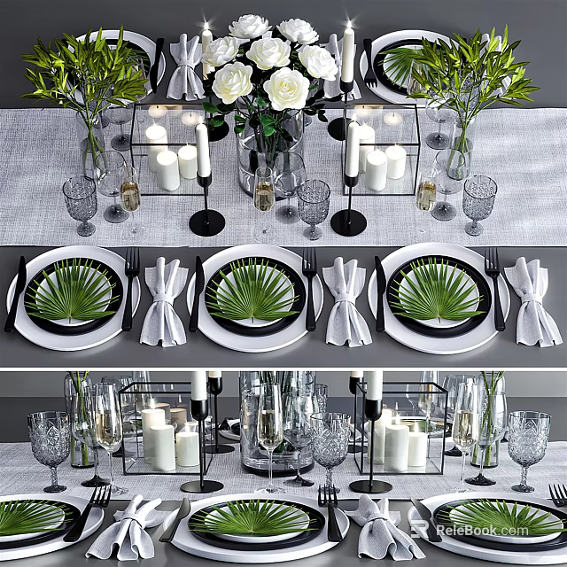 Elegant Tableware Set With White Flowers Green Palm Leaves Candle Holders Glassware And Folded Napkins 3d model 