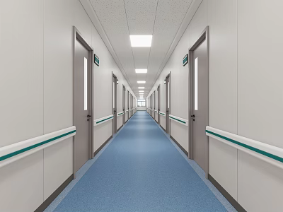 Hospital Outpatient Corridor Interior With White Walls Blue Flooring Handrails And Ceiling Lights 3d model