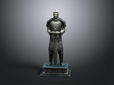 Ancient Terracotta Warrior Statue With Armor Standing On Pedestal Holding Sword 3d model