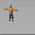 Blue Fictional Creature In Orange Jacket With Yellow Goggles Torn Dark Pants And Arms Outstretched