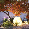 Garden Ornament Featuring Red Maple Tree Gray Perforated Wall Pebbles Purple Flowers Glowing Sphere and Ferns