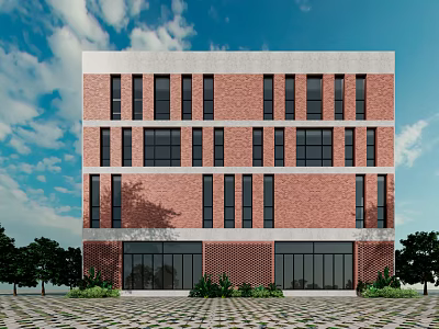 Modern Red Brick Multi Storey Residential Building With Windows Green Plants And Paved Ground 3d model