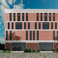 Modern Red Brick Multi Storey Residential Building With Windows Green Plants And Paved Ground