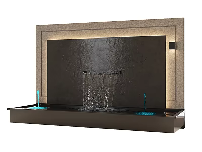 Modern Waterfront Landscape Featuring Waterfall Wall Blue Lighting And Pool Basin 3d model