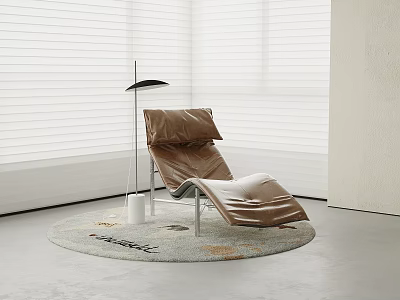 Modern Brown Leather Leisure Chair In Living Room Setting With Floor Lamp And Round Rug 3d model