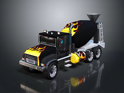 Concrete Mixer Truck With Flame Design Black Yellow Color Detailed Model 3d model