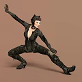 Game Movie Character In Black Leather Costume With Cat Ears Dynamic Action Stance