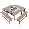 Simple Wooden Square Tea Table With Benches And Tea Set 3d model