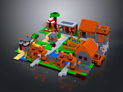 Building Blocks Miniature Village With Colorful Houses Roads And Green Trees 3d model