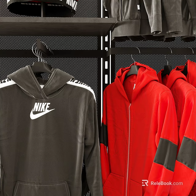 Stylish Hooded Clothes with Nike Logo White Stripes Black Red and Zipper Hanging on Racks 3d model 