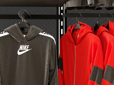 Stylish Hooded Clothes with Nike Logo White Stripes Black Red and Zipper Hanging on Racks 3d model