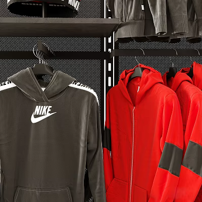 Stylish Hooded Clothes with Nike Logo White Stripes Black Red and Zipper Hanging on Racks 3d model