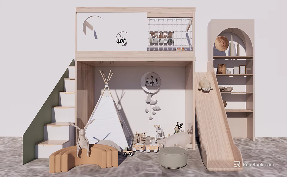 Playful Elevated Kids Bed with Stairs Slide Teepee Toys and Wall Decor 3d model 
