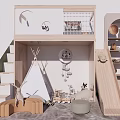 Playful Elevated Kids Bed with Stairs Slide Teepee Toys and Wall Decor