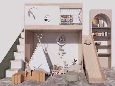 Playful Elevated Kids Bed with Stairs Slide Teepee Toys and Wall Decor 3d model