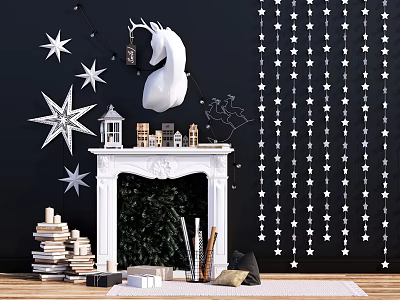 White Fireplace Mantel with Star Decorations Unicorn Figurine Stacked Books and Green Plants 3d model