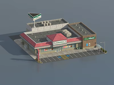 Modern Commercial Complex With Red Roof FreshMart Sign Parking Lot And Retail Storefront 3d model