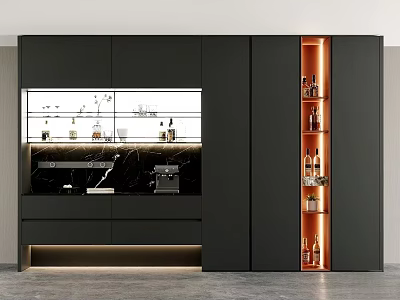 Sleek Modern Black Sideboard Featuring Glass Display Cabinet Orange LED Wine Rack And Bottom Lighting 3d model