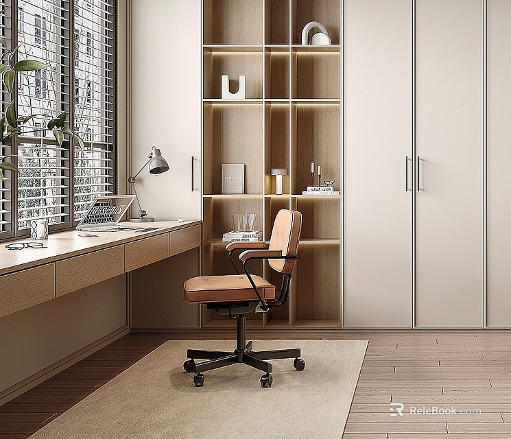 Modern Home Office Desk With Wooden Shelves Comfortable Chair Near Window Lamp And Green Plant 3d model 