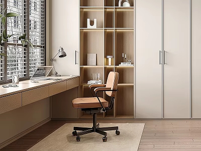 Modern Home Office Desk With Wooden Shelves Comfortable Chair Near Window Lamp And Green Plant 3d model