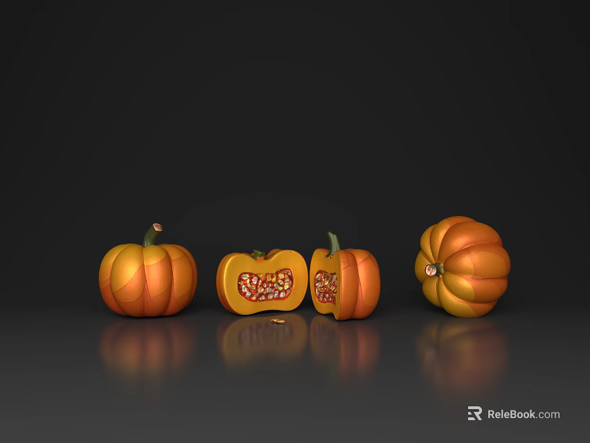 Fresh Vegetable Pumpkins Some Cut Open Showing Seeds And Structure On Dark Reflective Surface 3d model 