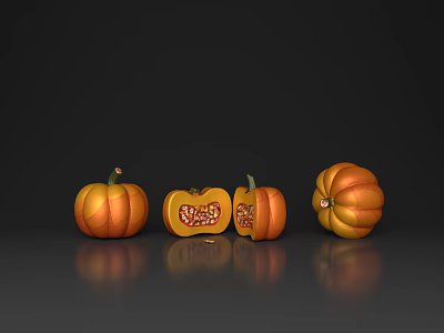 Fresh Vegetable Pumpkins Some Cut Open Showing Seeds And Structure On Dark Reflective Surface 3d model