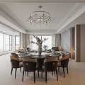Modern Dining Room Interior With Round Table Black Chairs Crystal Chandelier And Wooden Panel Walls