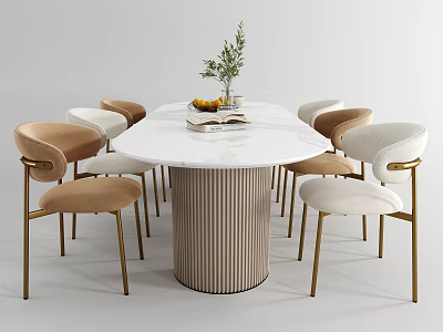 Modern White Round Dining Table With Beige And White Chairs Golden Legs And Green Plant 3d model