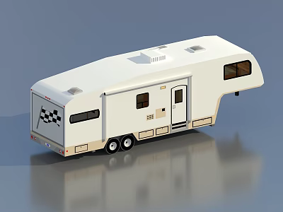 White Travel Trailer With Rear Checkerboard Flag Windows Door And Double Wheels 3d model