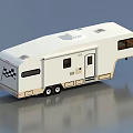 White Travel Trailer With Rear Checkerboard Flag Windows Door And Double Wheels