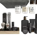 Daily Washing And Bath Essentials With Towels Soap Bottles Candles Shaving Brushes And Toiletry Bag