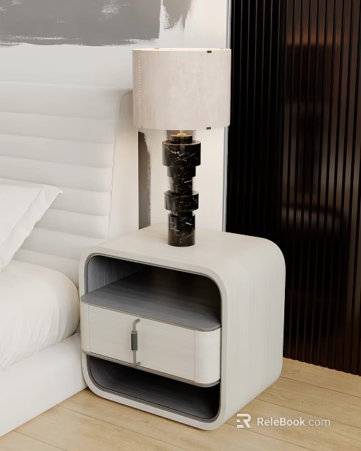 Modern Table Lamp with Black Marble Base and Cream Lampshade on White Nightstand in Bedroom 3d model 