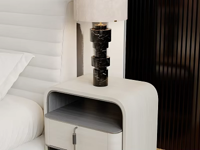 Modern Table Lamp with Black Marble Base and Cream Lampshade on White Nightstand in Bedroom 3d model