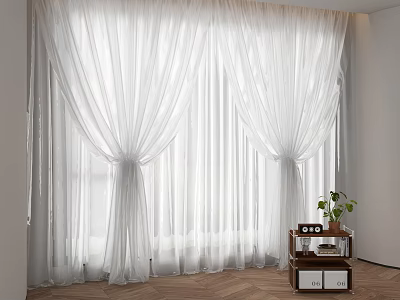 Elegant White Sheer Curtains Draped Over Floor Length Window Panels in Modern Room 3d model