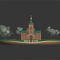 Traditional Church Building With Red Brick Walls Green Roofs And Tower On Circular Grass Base