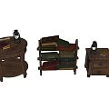 Wooden Side Table Bookshelf And Cabinet With Lanterns And Stacked Books