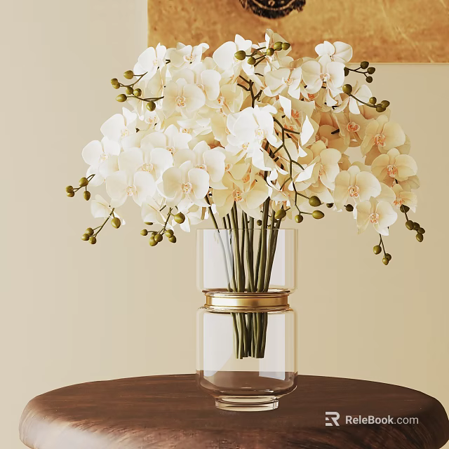 Potted White Orchid Plant in Glass Vase with Gold Ring on Dark Table Light Wall 3d model 