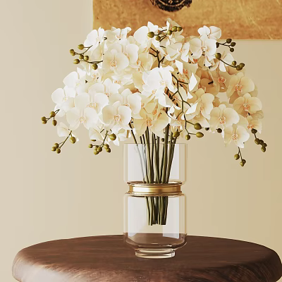 Potted White Orchid Plant in Glass Vase with Gold Ring on Dark Table Light Wall 3d model