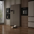 Modern Kitchen Interior With Sideboard Refrigerator Oven And Wooden Cabinets