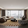 Elegant Modern Living Room Interior With White Sofa Round Striped Rug And Bookshelf