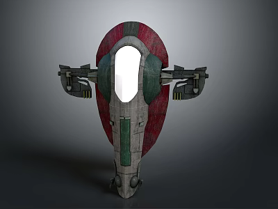 Futuristic Spacecraft 3D Model With Red Green Exterior Central Transparent Window And Side Propulsion Structures 3d model