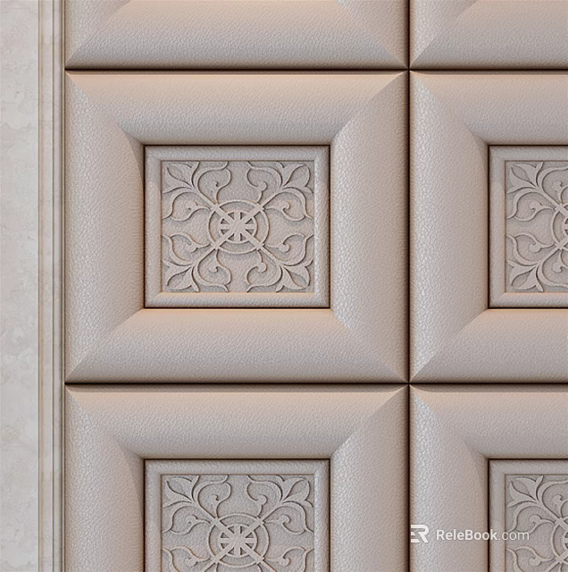 Beige TV Background Wall With Carved Patterns Square Panels And Leather Texture 3d model