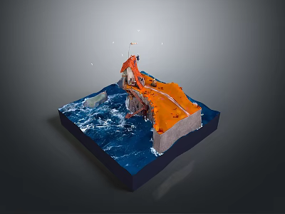 Scenic Orange Landscape With Blue Water And Orange Excavator View 3d model