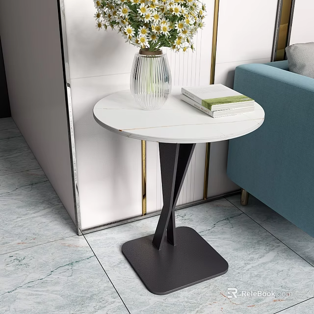 Modern Side Table With White Round Tabletop Black Base And Blue Sofa In Living Room 3d model 