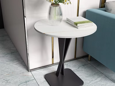 Modern Side Table With White Round Tabletop Black Base And Blue Sofa In Living Room 3d model
