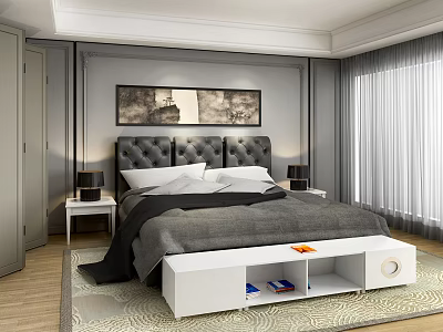 Modern Double Bed with Dark Headboard Gray Bedspread Nightstands Table Lamps Decorative Painting Storage Space 3d model