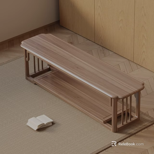Minimalist Solid Wood Sofa Bench On Carpet With Open Book And Wooden Floor 3d model 