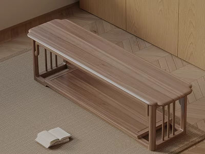 Minimalist Solid Wood Sofa Bench On Carpet With Open Book And Wooden Floor 3d model