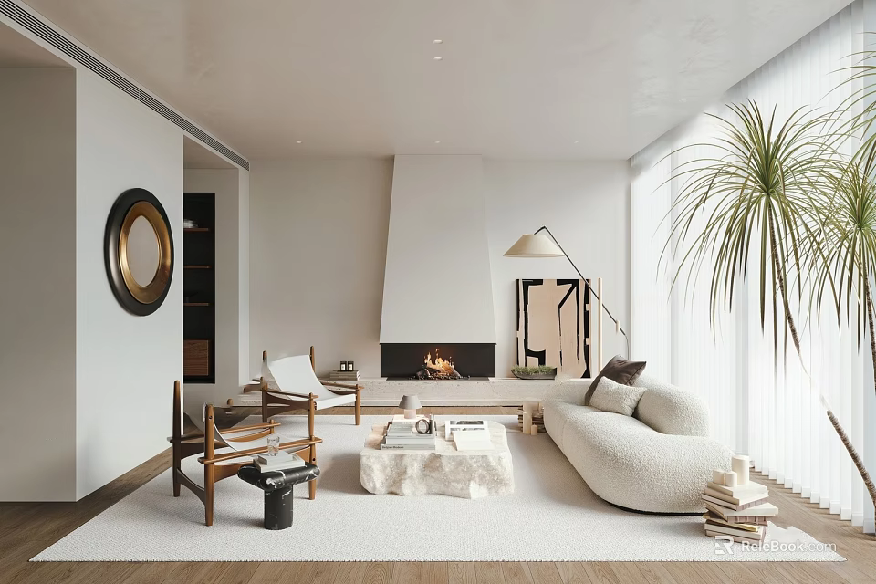 Modern Minimalist Living Room Interior Design With White Fireplace Cozy Sofa And Palm Plant 3d model 