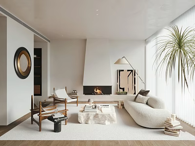 Modern Minimalist Living Room Interior Design With White Fireplace Cozy Sofa And Palm Plant 3d model